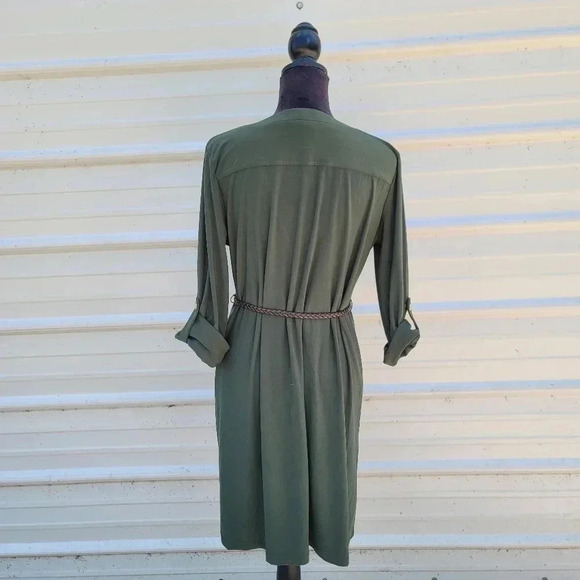 Soho Apparl Tunic Shift Convertible Sleeve Dress Green Stretch Belted Petite L - Picture 2 of 9